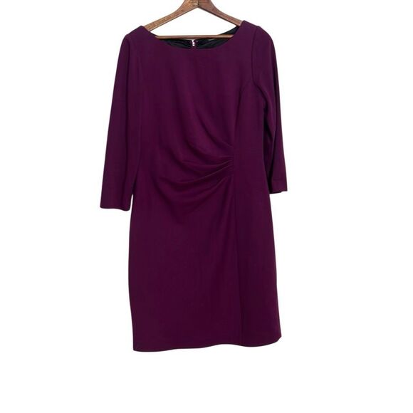 Tahari Ruched Waist Quarter Sleeve Back Zip Sheath Career Dress Wine Small - Picture 2 of 7